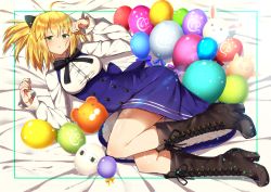 Rule 34 | 1girl, ahoge, artoria pendragon (all), artoria pendragon (fate), balloon, black bow, black footwear, black ribbon, blonde hair, blue dress, blush, boots, bow, breasts, buttons, collared shirt, cross-laced footwear, dress, dress shirt, fate/grand order, fate/unlimited codes, fate (series), fou (fate), green eyes, hair between eyes, hair bow, heroic spirit festival outfit, high heel boots, high heels, knee boots, lace-up boots, long sleeves, looking at viewer, lying, medium breasts, medium hair, medjed (fate), neck ribbon, on side, open mouth, ponytail, ribbon, saber lily, saber lily (festival outfit) (fate), shirt, sidelocks, solo, underbust, white shirt, xah03172