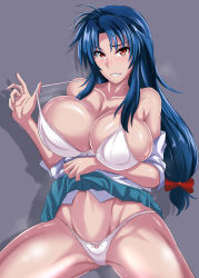 Rule 34 | 1girl, adjusting bra, adjusting clothes, bare shoulders, blue hair, bra, bra strap, breast hold, breasts, breath, chidori kaname, cleavage, clothes lift, cowboy shot, female focus, full metal panic!, grey background, grin, groin, hands up, highres, huge breasts, legs, legs apart, long hair, looking at viewer, low-tied long hair, navel, off-shoulder shirt, off shoulder, open clothes, open shirt, orange eyes, panties, parted lips, puripuri jet, school uniform, shirt, simple background, skirt, skirt lift, smile, solo, standing, thighs, underwear, white bra