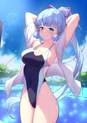 Rule 34 | 1girl, absurdres, alternate costume, arms behind head, arms up, ayaka (genshin impact), blue eyes, blue sky, blunt bangs, blunt tresses, blush, breasts, cleavage, cloud, cocoablue23, competition swimsuit, contemporary, covered navel, cowboy shot, day, genshin impact, grin, groin, hair ribbon, highleg, highleg swimsuit, highres, lens flare, long hair, looking at viewer, medium breasts, mole, mole under eye, one-piece swimsuit, open clothes, open shirt, outdoors, ponytail, pool, ribbon, shirt, short sleeves, skindentation, sky, smile, swimsuit, thighs, tress ribbon, wet, white hair, white shirt
