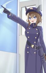 Rule 34 | 1girl, absurdres, animal ears, arm up, belt, black belt, black gloves, blue archive, blue coat, blue eyes, blue hat, bob cut, bright pupils, brown hair, buttons, cheval grand (umamusume), coat, commentary, cosplay, double-breasted, ear covers, gloves, greatcoat, hair between eyes, hat, highres, holster, horse ears, horse girl, inverted bob, light brown hair, long sleeves, open mouth, peaked cap, pointing, shia0016, short hair, sidelocks, solo, suou (blue archive), suou (blue archive) (cosplay), tail, train conductor, umamusume, uniform
