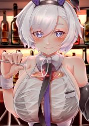Rule 34 | 1girl, absurdres, alcohol, animal ears, azur lane, backless leotard, bar (place), bare shoulders, black bra, black gloves, black leotard, black neckwear, bra, bra visible through clothes, breasts, elbow gloves, eyes visible through hair, fake animal ears, gloves, highres, large breasts, leotard, looking at viewer, official alternate costume, playboy bunny, pouring, pouring onto self, purple eyes, rabbit ears, reno (azur lane), reno (reno bunnino) (azur lane), shirt, sideboob, sleeveless, sleeveless shirt, smile, solo, take yaki, taut clothes, taut shirt, underwear, upper body, wet, wet clothes, wet shirt, white hair, white shirt, wrist cuffs