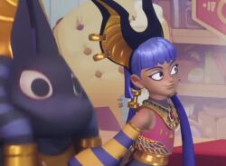 Rule 34 | 3d, animated, blue hair, book, chair, dark skin, egyptian, egyptian clothes, egyptian necklace, eyeshadow, hime cut, makeup, sarcophagus, screencap, solo, tagme, twintails, umbrella, video