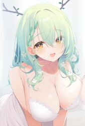Rule 34 | 1girl, alternate costume, bare shoulders, bra, braid, braided bangs, breasts, ceres fauna, cleavage, commentary, deyui, earrings, flower, green hair, hair between eyes, hair branch, hair flower, hair ornament, highres, hololive, hololive english, jewelry, large breasts, medium hair, mole, mole under eye, open mouth, simple background, smile, solo, symbol-only commentary, underwear, upper body, virtual youtuber, white background, white bra, white flower, yellow eyes