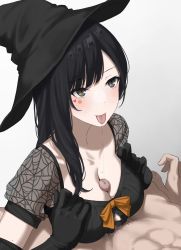 Rule 34 | 1boy, 1girl, :p, black gloves, black hair, black headwear, breasts, brown eyes, censored, cleavage, commentary request, gloves, gradient background, grey background, hat, hetero, highres, kaminari doon, long hair, medium breasts, mole, mole on arm, mole on breast, mosaic censoring, original, paizuri, paizuri under clothes, penis, saliva, tattoo, tongue, tongue out, upper body, witch hat