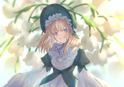 Rule 34 | 1girl, blue eyes, blurry, blurry background, bonner, brown hair, commentary request, depth of field, dress, flower, green dress, green headwear, grin, head tilt, io (io oekaki), layered sleeves, lily of the valley, long hair, long sleeves, looking at viewer, original, parted lips, puffy short sleeves, puffy sleeves, short over long sleeves, short sleeves, smile, solo, upper body, white dress, white flower, wide sleeves