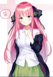 Rule 34 | 1girl, black jacket, black ribbon, blue eyes, blush, breasts, closed mouth, collarbone, collared shirt, commentary request, dress shirt, ds a, go-toubun no hanayome, green skirt, hair ribbon, hand up, jacket, light frown, long hair, looking at viewer, medium breasts, nakano nino, off shoulder, open clothes, open jacket, pleated skirt, red hair, ribbon, shirt, skirt, solo, speech bubble, two side up, v-shaped eyebrows, very long hair, white shirt
