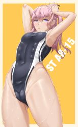 Rule 34 | 1girl, abs, absurdres, armpits, blue one-piece swimsuit, blush, breasts, chiyo goya, competition swimsuit, eye contact, eyewear on head, female focus, girls&#039; frontline, glasses, hands on own head, highleg, highleg swimsuit, highres, long hair, looking at another, looking at viewer, narrow waist, navel, one-piece swimsuit, pink hair, purple eyes, small breasts, solo, st ar-15 (girls&#039; frontline), stomach, swimsuit, thighs, yellow background