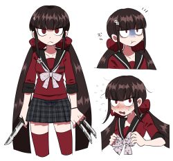 Rule 34 | 1girl, :&lt;, bad id, bad twitter id, blunt bangs, blush, closed mouth, collarbone, commentary request, cropped legs, danganronpa (series), danganronpa v3: killing harmony, flying sweatdrops, furukawa (yomawari), hair ornament, harukawa maki, highres, holding, holding knife, knife, long hair, looking at viewer, low twintails, mole, mole under eye, open mouth, pale skin, plaid, pleated skirt, pout, red eyes, red scrunchie, red thighhighs, sailor collar, scrunchie, shirt, simple background, skirt, thighhighs, twintails, white background, zettai ryouiki