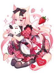 Rule 34 | 1girl, animal ears, artist name, black bow, black gloves, bow, expressionless, fishnet thighhighs, fishnets, food, fruit, gloves, hair bow, heart, highres, homaderi, original, pink hair, purple eyes, solo, sparkle, strawberry, stuffed animal, stuffed toy, tail, thighhighs, white background