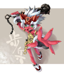 Rule 34 | 1girl, animal print, armlet, chain, character request, clenched hand, club (weapon), colored skin, fang, fingernails, forehead protector, foreshortening, full body, green eyes, horns, katahira masashi, long fingernails, oni, open mouth, original, outstretched hand, pointy ears, red oni, red skin, short hair, solo, tiger print, weapon, white hair