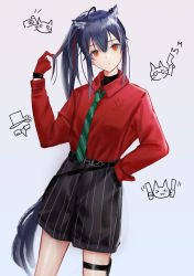 Rule 34 | 0 (znanimo), 1girl, absurdres, animal ears, arknights, black hair, black shorts, collared shirt, commentary, cowboy shot, diagonal-striped clothes, diagonal-striped necktie, ear piercing, extra ears, green necktie, hair between eyes, hand on own hip, highres, looking at viewer, multicolored hair, necktie, official alternate costume, orange eyes, piercing, ponytail, red hair, red shirt, shirt, shirt tucked in, shorts, simple background, solo, streaked hair, striped clothes, symbol-only commentary, tail, texas (arknights), texas (willpower) (arknights), thigh strap, white background, wolf ears, wolf girl, wolf tail