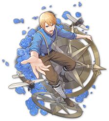 Rule 34 | 1boy, aircraft, airplane, artist request, blonde hair, blue eyes, blue flower, blue rose, blue shirt, brown footwear, flower, looking at viewer, mahjong soul, male focus, official art, open mouth, reaching, reaching towards viewer, rose, shirogane miyuki, shirt, simple background, solo, suspenders, transparent background