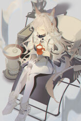 Rule 34 | 1girl, ;), animal ear fluff, animal ears, ankle boots, arknights, black dress, boots, breasts, brown eyes, closed mouth, crossed legs, cup, dress, food, full body, highres, holding, holding cup, large breasts, long hair, long sleeves, mug, official alternate costume, one eye closed, pantyhose, pink hair, portable stove, pozyomka (arknights), pozyomka (snowy plains in words) (arknights), samo (shichun samo), sitting, smile, solo, tail, tassel, thigh strap, very long hair, white footwear, white headwear, white pantyhose, wolf ears, wolf girl, wolf tail