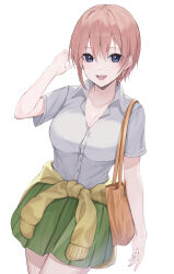 Rule 34 | 1girl, :d, arm at side, bag, blue eyes, breasts, cleavage, clothes around waist, collarbone, collared shirt, commentary, cowboy shot, eyelashes, eyes visible through hair, go-toubun no hanayome, green skirt, hair between eyes, hand up, handbag, highres, komura hiroto, large breasts, looking at viewer, miniskirt, nakano ichika, open mouth, pink hair, pleated skirt, school uniform, shirt, short hair, short sleeves, sidelocks, simple background, skirt, smile, solo, standing, straight-on, sweater, teeth, uniform, upper teeth only, white background, white shirt, yellow sweater