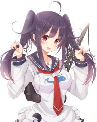 Rule 34 | 10s, 1girl, alternate hairstyle, blush, holding, holding own hair, kagerou (shadowmage), kantai collection, long hair, purple hair, red eyes, simple background, smile, solo, taigei (kancolle), twintails
