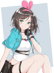Rule 34 | 1girl, black shorts, blue jacket, blush, breasts, brown hair, cleavage, closed mouth, collarbone, commentary request, cropped jacket, green eyes, grey background, hair ribbon, hand on headphones, headphones, headphones around neck, highres, jacket, kizuna ai, kizuna ai (a.i. games), kizuna ai inc., multicolored hair, official alternate costume, open clothes, open jacket, pink hair, pink ribbon, ribbon, shirt, short shorts, short sleeves, shorts, sitting, small breasts, smile, solo, streaked hair, swon (joy200892), two-tone background, virtual youtuber, white background, white shirt