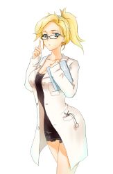 Rule 34 | 1girl, alternate costume, artist name, black dress, blonde hair, blue eyes, breasts, cleavage, clipboard, collarbone, contemporary, cowboy shot, dated, doctor, dress, glasses, high ponytail, highres, holding, lab coat, looking at viewer, medium breasts, mercy (overwatch), overwatch, overwatch 1, ponytail, short dress, signature, simple background, sketch, sleeves past wrists, solo, stethoscope, thyme (4749874974), white background
