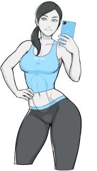 Rule 34 | 1girl, abs, bare shoulders, black leggings, blue theme, breasts, cleavage, colored skin, cowboy shot, cropped legs, grey eyes, half-closed eyes, hand on own hip, highres, hip focus, leggings, looking at viewer, medium breasts, midriff, monochrome, muscular, muscular female, navel, nintendo, nisetanaka, phone, ponytail, selfie, simple background, smile, solo, tank top, toned, white background, white skin, wii fit, wii fit trainer, wii fit trainer (female)