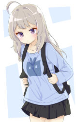 Rule 34 | 1girl, absurdres, ahoge, backpack, bag, black bag, black skirt, blue background, blue shirt, closed mouth, collarbone, commentary request, cowboy shot, grey hair, highres, holding strap, jyoji00, long hair, long sleeves, looking at viewer, original, purple eyes, shirt, skirt, solo, standing, two-tone background, white background