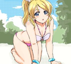 Rule 34 | 10s, 1girl, :o, all fours, ayase eli, bikini, blonde hair, blue eyes, blush, bracelet, breasts, cleavage, halterneck, jewelry, long hair, looking at viewer, love live!, love live! school idol festival, love live! school idol project, o-ring, o-ring top, oekaki, open mouth, ponytail, scrunchie, sky, solo, swimsuit, turkey min