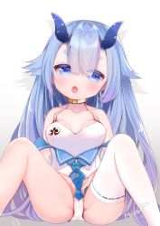 Rule 34 | 1girl, asymmetrical legwear, azur lane, bad id, bad pixiv id, bare shoulders, blue eyes, blue hair, blue nails, blue neckerchief, blue sailor collar, blunt bangs, blush, breasts, breasts apart, casual one-piece swimsuit, chestnut mouth, collarbone, commentary request, fang, fingernails, gradient background, gradient hair, grey background, hair between eyes, head tilt, horns, i-13 (azur lane), long hair, looking at viewer, maeha, medium breasts, multicolored hair, nail polish, neckerchief, one-piece swimsuit, open mouth, purple hair, ribbon-trimmed legwear, ribbon trim, sailor collar, see-through, signature, single thighhigh, sitting, solo, spread legs, swimsuit, thick eyebrows, thighhighs, translucent horns, uneven legwear, very long hair, white background, white one-piece swimsuit, white thighhighs