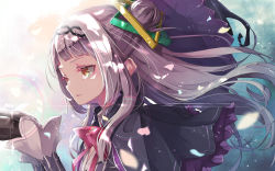 Rule 34 | 1girl, black capelet, black gloves, black hat, blunt bangs, bow, capelet, commentary request, crop top, dappled sunlight, facing away, gloves, hair ornament, hand up, hat, highres, hololive, lens flare, light particles, long hair, long sleeves, murasaki shion, murasaki shion (1st costume), ninniku mashimashi, one side up, parted lips, pink bow, pink neckwear, pinstripe pattern, pinstripe shirt, shirt, silver hair, solo, striped clothes, striped shirt, sunlight, tilted headwear, upper body, vertical-striped clothes, vertical-striped shirt, virtual youtuber, witch hat, yellow eyes