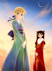 Rule 34 | 00s, 2girls, alternate costume, artoria pendragon (all), artoria pendragon (fate), crescent moon, fate/stay night, fate (series), fur trim, highres, japanese clothes, kimono, moon, multiple girls, pouch, saber (fate), shirotsumekusa, tohsaka rin, twintails, two side up