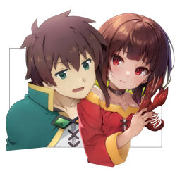 Rule 34 | 1boy, 1girl, ai-assisted, animal, bare shoulders, black choker, blunt bangs, blush, breasts, brown hair, choker, cloak, closed mouth, collarbone, commentary, couple, dress, green cloak, green eyes, hair between eyes, heads together, hetero, holding, holding animal, kono subarashii sekai ni shukufuku wo!, lobster, long sleeves, looking at another, looking to the side, megumin, no headwear, open mouth, red dress, red eyes, satou kazuma, short hair, short hair with long locks, simple background, small breasts, spiked hair, toraya (doujintraya), white background, wide sleeves