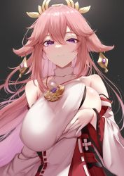 Rule 34 | absurdres, breast hold, breast massage, breast press, breasts, breasts squeezed together, genshin impact, hair between eyes, hair ornament, highres, japanese clothes, large breasts, looking at viewer, pink hair, purple eyes, seductive smile, smile, solo, upper body, yae miko, yigra don