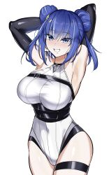 Rule 34 | 1girl, absurdres, armpits, blue eyes, blue hair, breasts, chest belt, cowboy shot, double bun, duel monster, evil twin lil-la, hair bun, highres, large breasts, leg belt, lil-la (yu-gi-oh!), looking at viewer, official alternate costume, short hair, smile, synchroman, white background, yu-gi-oh!