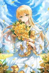Rule 34 | 1girl, arch, architecture, blonde hair, blue sky, blush, bow, braid, cloud, cloudy sky, column, day, dress, falling petals, field, flower, flower field, frilled dress, frills, greco-roman architecture, green eyes, hair between eyes, highres, holding, jewelry, lens flare, light blush, light smile, long hair, long sleeves, looking at viewer, nature, necklace, original, outdoors, pearl necklace, petals, pillar, plant, plus1024, scenery, side braid, sky, smile, solo, sparkle, standing, sunlight, vines, white dress, yellow bow, yellow flower