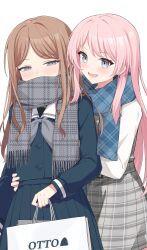 2girls absurdres bag bang_dream! bang_dream!_it&#039;s_mygo!!!!! blue_eyes blue_scarf blue_shirt blue_skirt blush brown_hair chihaya_anon commentary dress earrings grey_dress grey_eyes grey_scarf hand_on_another&#039;s_waist highres holding holding_bag jewelry long_hair long_sleeves multiple_girls nagasaki_soyo open_mouth pinafore_dress pink_hair plaid_clothes plaid_dress scarf school_uniform shirt shopping_bag simple_background skirt sleeveless sleeveless_dress smile trigonometric_function tsukinomori_school_uniform white_background white_shirt yuri