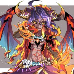 Rule 34 | 1boy, abs, ahoge, belt, black sclera, bracelet, colored sclera, dark-skinned male, dark skin, dated, demon, demon boy, demon horns, demon wings, fang, tooth necklace, fiery hair, fire, highres, horns, jewelry, kozakura (dictionary), long hair, male focus, navel, necklace, open mouth, purple hair, puzzle &amp; dragons, shaitan, skull, slit pupils, solo, tattoo, very long hair, wings, yellow eyes