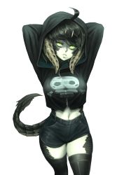 Rule 34 | 1girl, ahoge, arms behind head, barbariank, black dragon (d&amp;d), black hair, black shirt, black shorts, black thighhighs, commentary, contemporary, cowboy shot, dragon girl, dragon tail, dungeons &amp; dragons, english commentary, glowing, glowing eyes, green eyes, highres, hood, hoodie, horns, looking at viewer, midriff, monster girl, navel, original, pale skin, personification, scales, shirt, shorts, skull print, slit pupils, solo, tail, thighhighs, transparent background, zipper