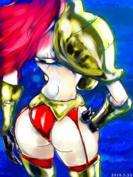 Rule 34 | 1girl, armor, ass, baccarat (one piece), black gloves, breasts, dress, full body, gloves, gmotida, hand on own hip, high heels, huge breasts, large breasts, long hair, one piece, red hair, sleeveless