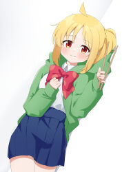 Rule 34 | 1girl, absurdres, ahoge, blue skirt, bocchi the rock!, bow, bowtie, closed mouth, collared shirt, drumsticks, gevuxx, green jacket, highres, holding, holding drumsticks, ijichi nijika, jacket, long hair, long sleeves, looking at viewer, open clothes, open jacket, pleated skirt, red bow, red bowtie, red eyes, shirt, side ponytail, sidelocks, skirt, sleeves past wrists, smile, solo, upper body, white background, white shirt