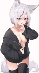 Rule 34 | 1girl, :d, animal ear fluff, animal ears, black hoodie, black thighhighs, breasts, fox ears, fox girl, fox shadow puppet, fox tail, grey hair, highres, hood, hoodie, large breasts, multicolored hair, naked hoodie, no pants, open clothes, open hoodie, open mouth, original, partially unzipped, red eyes, red hair, sakuma hiragi, short hair, smile, tail, thighhighs, two-tone hair, unzipping, white hair