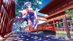 Rule 34 | 1girl, absurdly long hair, alternate costume, aqua eyes, aqua hair, architecture, blush, bridge, clog sandals, cloud, day, detached sleeves, east asian architecture, hair tubes, hatsune miku, highres, light rays, long hair, nazu-na, open mouth, outdoors, railing, sandals, shrine, socks, solo, standing, standing on one leg, sunbeam, sunlight, tree, twintails, very long hair, vocaloid, wind chime, zouri