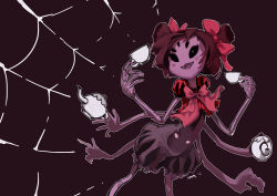 Rule 34 | 1girl, absurdres, blush, blush stickers, bow, brown hair, colored skin, cup, dress, extra eyes, fangs, highres, arthropod girl, muffet, puffy short sleeves, puffy sleeves, purple skin, short sleeves, short twintails, silk, sjh, smile, solo, spider girl, spider web, teacup, teapot, twintails, two side up, undertale