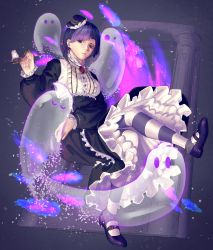 Rule 34 | 1girl, bad id, bad pixiv id, blackberry cookie, breasts, candle, candlestand, column, cookie run, dress, frilled dress, frills, full body, ghost, hand on own hip, highres, holding, holding candle, long sleeves, looking at viewer, maid, mary janes, medium breasts, pantyhose, parted lips, pillar, puffy long sleeves, puffy sleeves, purple dress, purple eyes, purple footwear, purple hair, shoes, short hair, solo, straight hair, striped clothes, striped legwear, striped pantyhose, user utwk4575