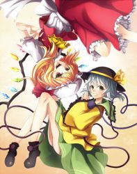 Rule 34 | 2girls, :d, ascot, bad id, bad pixiv id, bare legs, blonde hair, blush, boots, bow, dress, fangs, female focus, flandre scarlet, green eyes, hat, hat ribbon, heart, highres, komeiji koishi, long hair, long sleeves, looking at viewer, mob cap, multiple girls, nemunemu (bluelight5), no panties, open mouth, own hands together, puffy short sleeves, puffy sleeves, red eyes, ribbon, rotational symmetry, short hair, short sleeves, silver hair, skirt, smile, string, teeth, third eye, touhou, upside-down, wide sleeves, wings, yellow bow