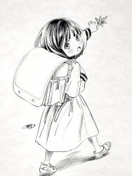Rule 34 | 1girl, :o, akebi-chan no serafuku, akebi kao, backpack, bag, black hair, blush, bob cut, commentary, dot nose, from side, full body, highres, hiro (dismaless), holding, holding leaf, holding strap, ink (medium), leaf, long skirt, looking at viewer, maple leaf, monochrome, open mouth, outstretched arm, pinky out, randoseru, school uniform, serafuku, signature, skirt, solo, teeth, traditional media, upper teeth only, walking away
