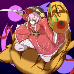 Rule 34 | 1girl, arrow (symbol), bowl, bowl hat, breasts, cosplay, foreshortening, hat, hata no kokoro, holding, holding weapon, japanese clothes, kimono, long hair, long sleeves, looking at viewer, miracle mallet, needle, new mask of hope, obi, pandain, purple eyes, purple hair, sash, small breasts, solo, stance, sukuna shinmyoumaru, sukuna shinmyoumaru (cosplay), thighs, touhou, weapon