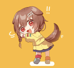 Rule 34 | !, !!, 1girl, animal ears, blue bow, bone hair ornament, bow, bracelet, braid, brown eyes, brown hair, brown tail, cartoon bone, chibi, commentary, dog ears, dog girl, dog tail, dress, fangs, hair between eyes, hair ornament, hairclip, hololive, inugami korone, inugami korone (1st costume), jacket, jewelry, long hair, looking at viewer, looking back, loose socks, low twin braids, motion lines, neko neko nekko, open mouth, red bow, red socks, shadow, shoes, short dress, side braids, smile, sneakers, socks, solo, tail, twin braids, virtual youtuber, white dress, yellow background, yellow jacket