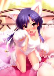 Rule 34 | 1girl, :d, animal ears, animal hands, bed, bell, blue hair, blush, bow, cat ears, cat tail, collarbone, doily, fang, gloves, highres, idolmaster, idolmaster (classic), kisaragi chihaya, kneeling, long hair, one-piece swimsuit, open mouth, paw gloves, paw pose, paw shoes, pillow, pink eyes, school swimsuit, shoes, smile, swimsuit, tail, tail bell, tail ornament, tears, white one-piece swimsuit, white school swimsuit, zen