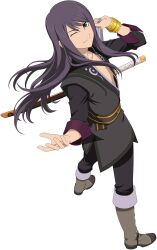 Rule 34 | 1boy, ;), black eyes, boots, commentary, english commentary, full body, highres, jacket, long hair, male focus, official art, one eye closed, open clothes, open jacket, purple hair, sidelocks, smile, solo, tales of (series), tales of asteria, tales of vesperia, transparent background, yuri lowell