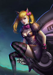 Rule 34 | 1girl, absurdres, alternate eye color, animal ears, argyle, argyle clothes, argyle legwear, backlighting, beads, black cat d.va, black dress, black footwear, black gloves, blonde hair, blue background, blue eyes, bow, bowtie, breasts, cat ears, cleavage, d.va (overwatch), dress, earrings, eyelashes, gatling gun, gloves, gradient background, green background, heart, heart earrings, high heels, highres, hill, jewelry, lace, lace-trimmed dress, lace trim, leg up, lolita fashion, looking at viewer, looking to the side, mecha, medium breasts, medium hair, meka (overwatch), nose, official alternate costume, open mouth, oroo, outdoors, overwatch, overwatch 1, pink bow, puffy short sleeves, puffy sleeves, red lips, robot, short sleeves, sitting, sitting on object, smile, solo, teeth, thighhighs, twilight, twintails, upper teeth only, zettai ryouiki