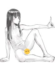 Rule 34 | 1girl, arm support, blunt bangs, breasts, censored, censored nipples, convenient censoring, female focus, greyscale, groin, hair over breasts, highres, long hair, medium breasts, monochrome, novelty censor, one eye closed, original, shimokori, sitting, solo, spot color