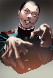 Rule 34 | 1boy, black eyes, black hair, blue jacket, buttons, buzz cut, collared jacket, cropped torso, evil smile, golden kamuy, grey eyes, hat, imperial japanese army, jacket, kepi, long sleeves, looking at viewer, male focus, military, military hat, military uniform, mole, no pupils, puppet strings, short hair, simple background, smile, solo, spotlight, teeth, uniform, upper body, usami tokishige, very short hair, w55674570w