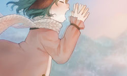 Rule 34 | ^ ^, animal ears, blue sky, blush, breath, buttons, chabi (amedama), closed eyes, dress, facing away, fingernails, floating hair, frilled sleeves, frills, from side, gradient sky, green hair, grey scarf, hands up, kasodani kyouko, long sleeves, morning, multicolored sky, nose blush, open mouth, outdoors, pink dress, pink sky, profile, purple sky, scarf, short hair, shouting, sky, solo, touhou, upper body, wind, wool